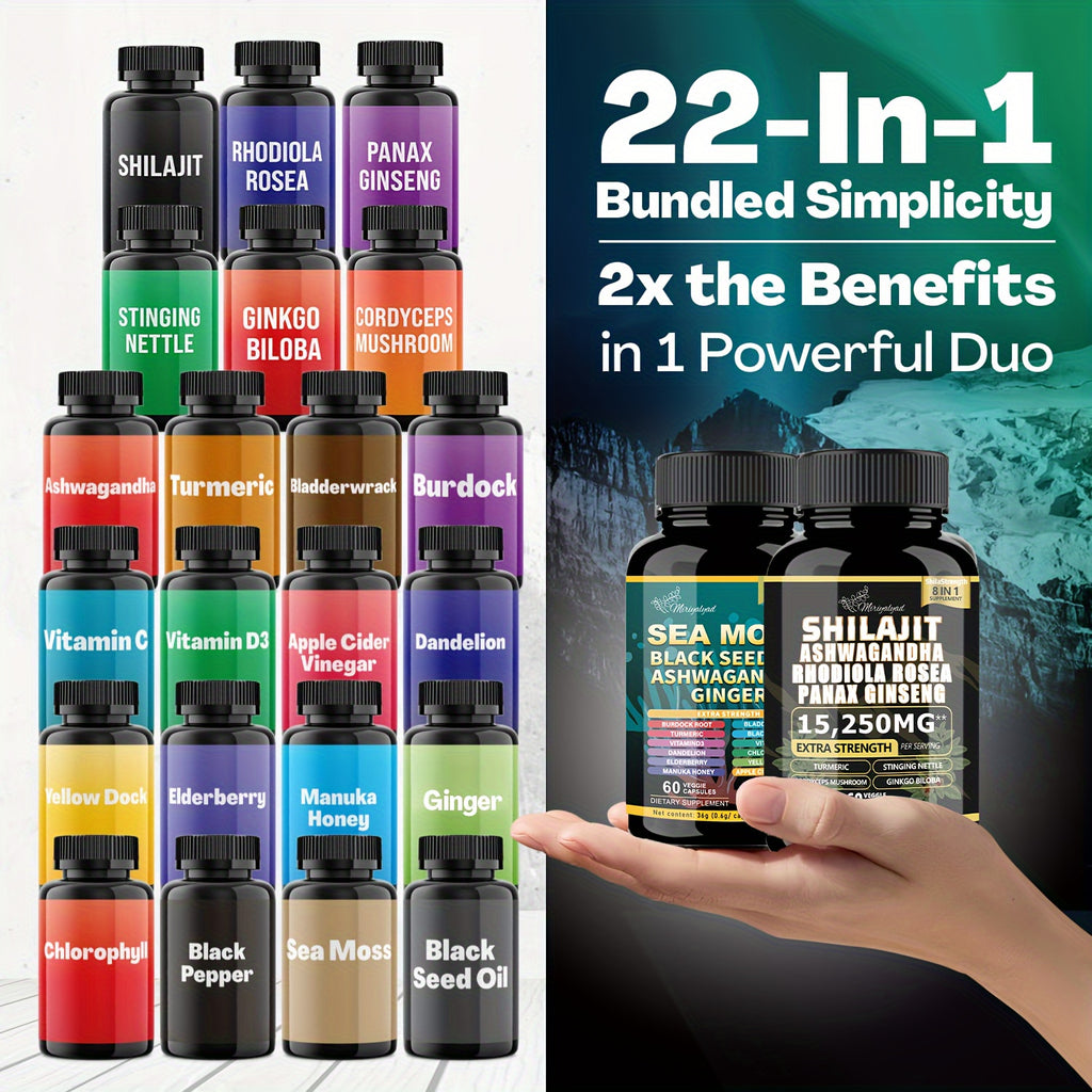 2pcs Wellness Bundles - Sea Moss 7000mg, Black Seed Oil 4000mg, Ashwagandha 2000mg, Ginger & Shilajit 9000mg, Rhodiola Rosea 1000mg, Panax Ginseng 1500mg, All-in-One Supplement Pills