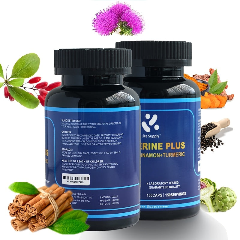 Lite Supply 150 Capsules Berberine HCL 4700mg - Plus Pure True Ceylon Cinnamon, Turmeric - Berberine HCl Supplement Pills