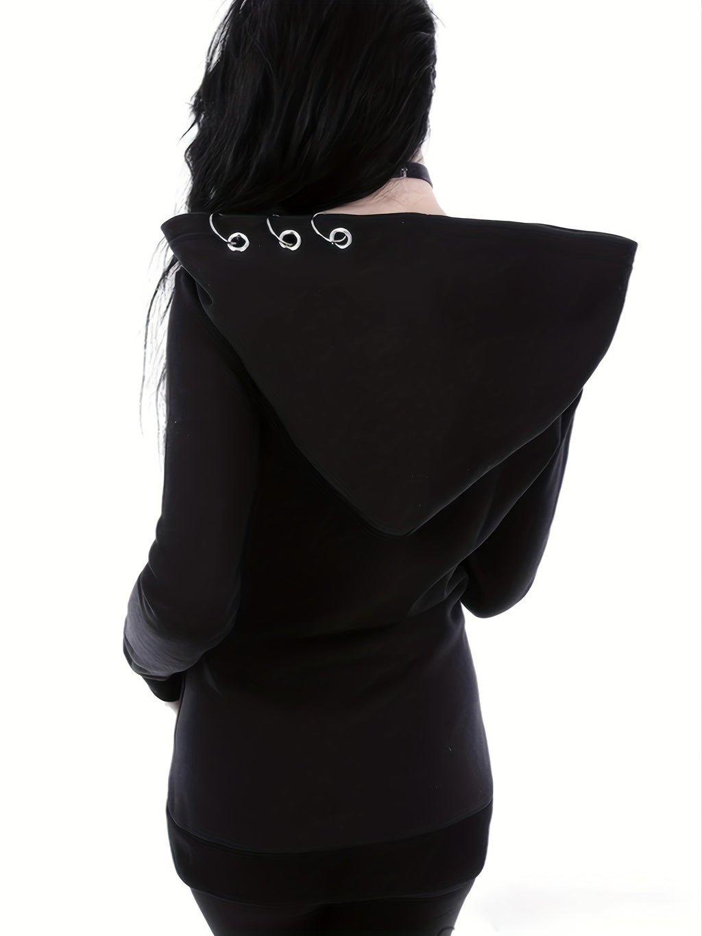 Stylish Black Zip-Up Hoodie with Unique Chain Detail - Casual Long Sleeve, Polyester Blend, Machine Washable - Perfect for All Seasons
