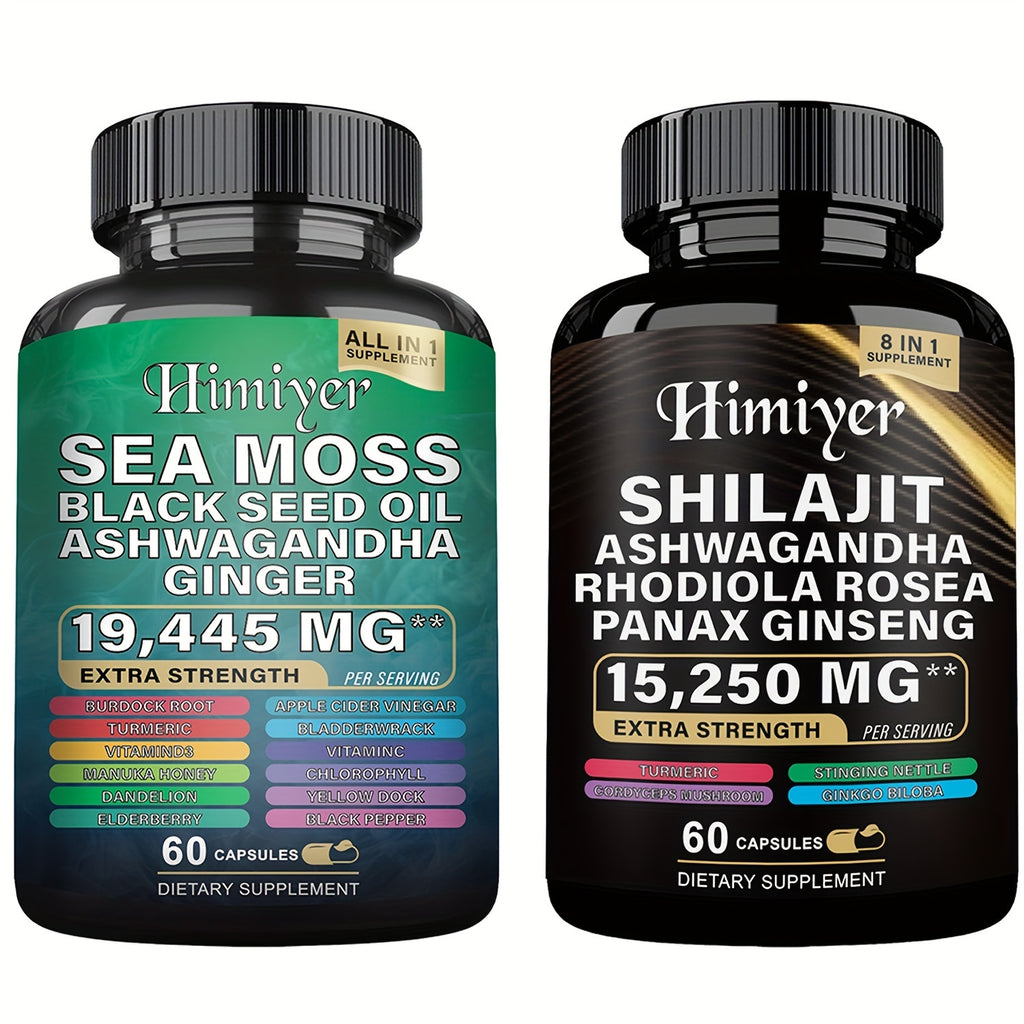 [2PCS - Special August Promo]Sea Moss &SHILAJIT 7000mg, Black Seed Oil 4000mg, Ashwagandha 2000mg, Ginger & Shilajit 9000mg, Rhodiola Rosea 1000mg, Panax Ginseng 1500mg, All-in-One Supplement Pills-Energy Boost, Complete Trac