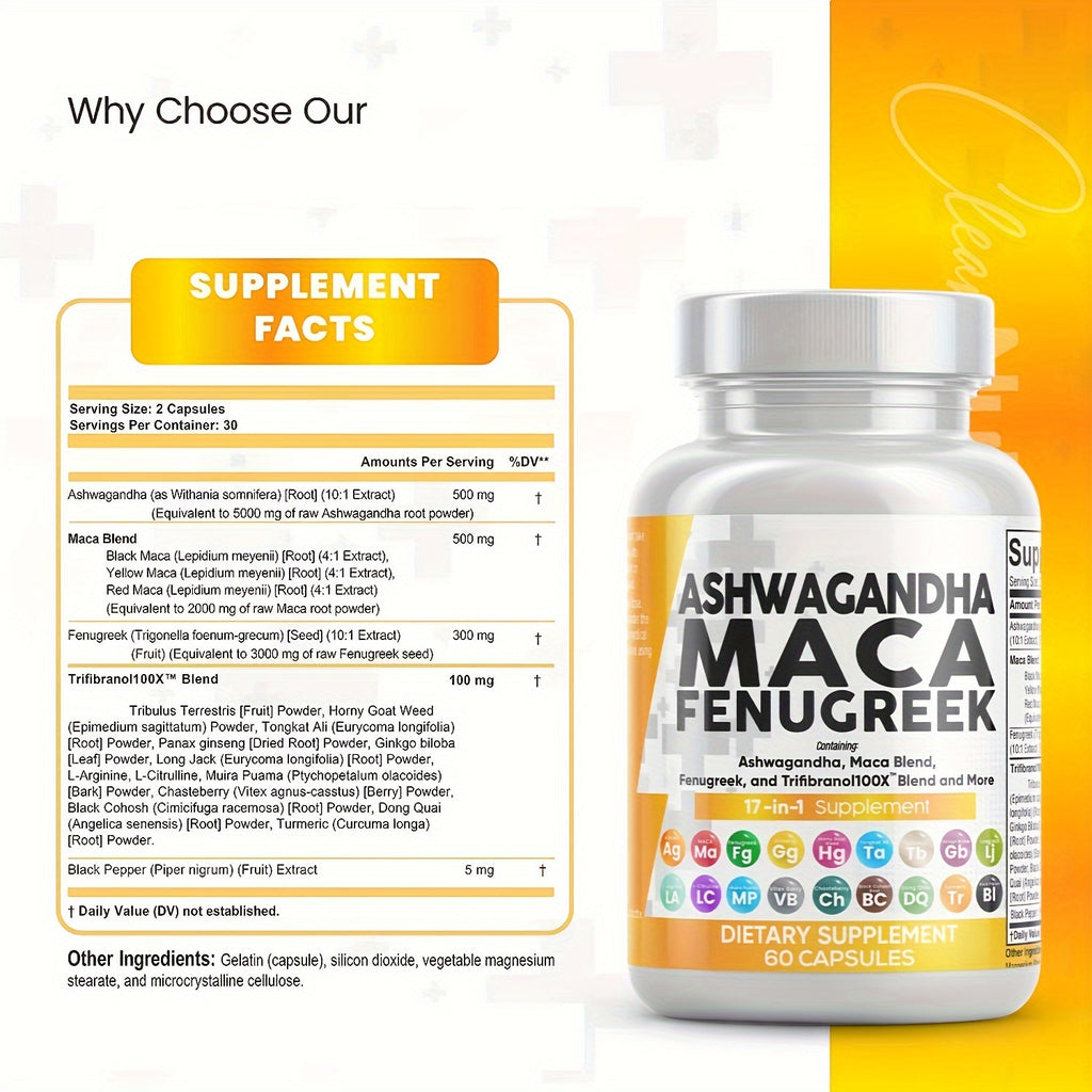 MIDAKOLLA, 1btl, Ashwagandha 5000mg Maca Root 2000mg Fenugreek 3000mg Supplement With Tongkat Ali Ginseng, Ashwagandha Capsules Maca Pills Fenugreek Caps, 60 Count
