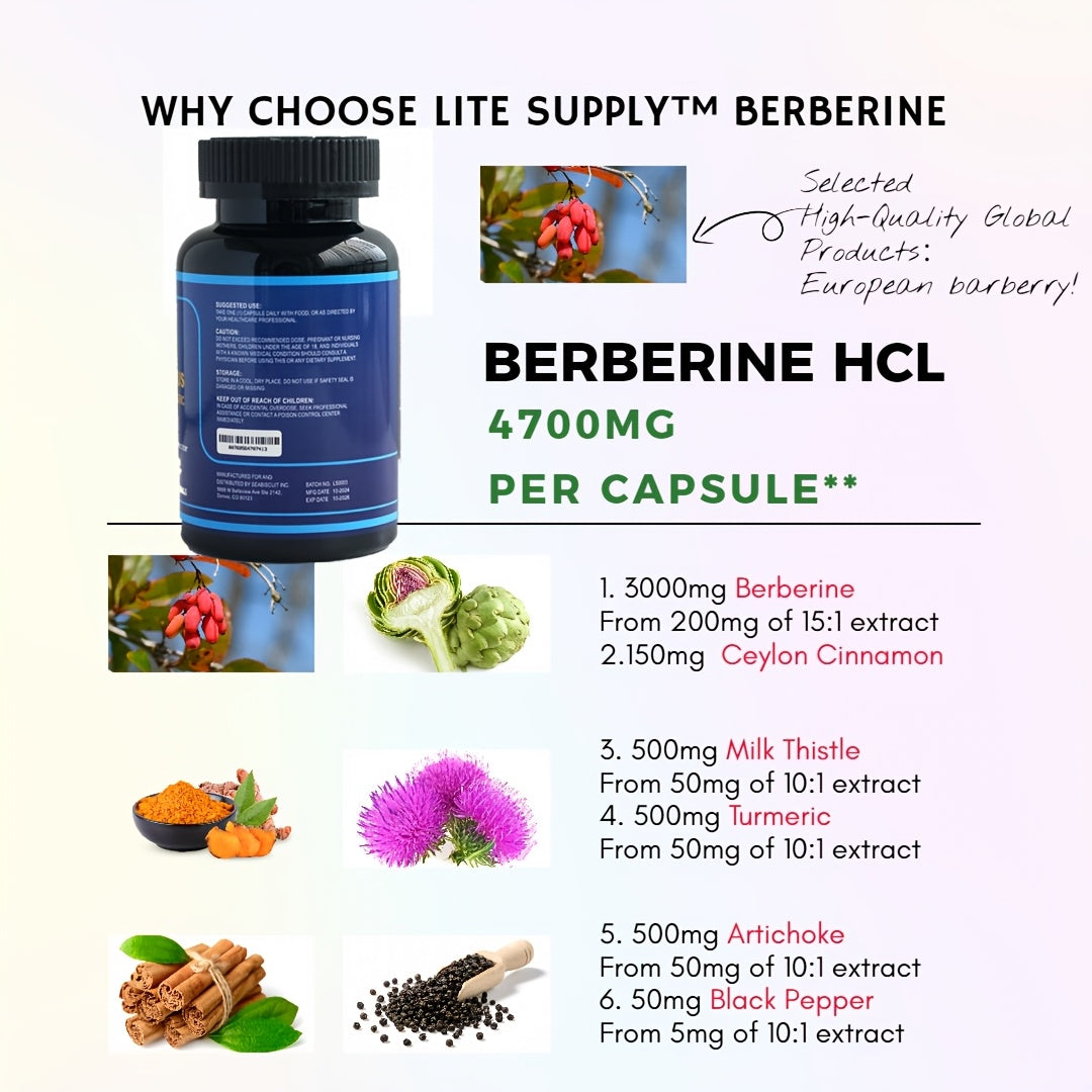 Lite Supply 150 Capsules Berberine HCL 4700mg - Plus Pure True Ceylon Cinnamon, Turmeric - Berberine HCl Supplement Pills