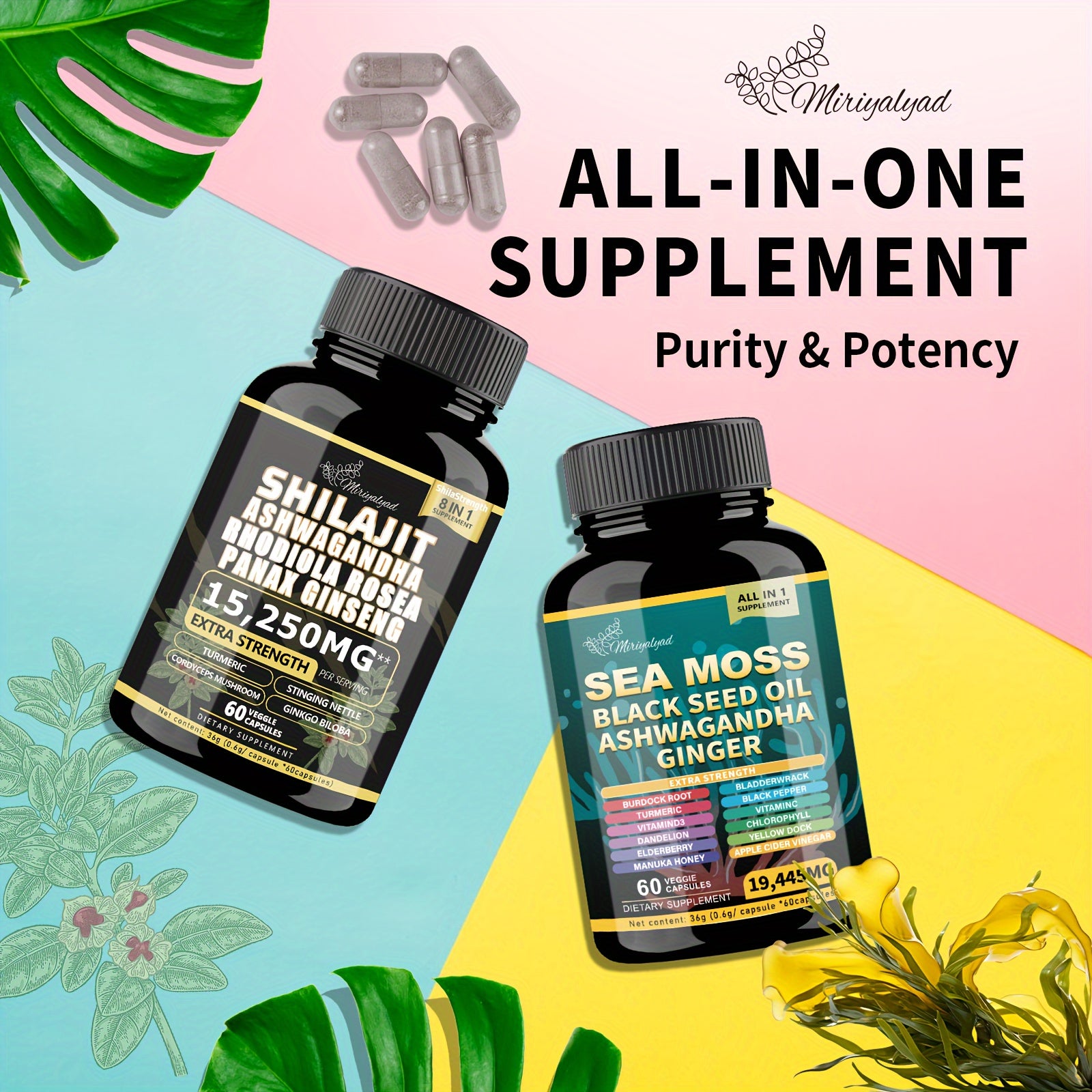 2pcs Wellness Bundles - Sea Moss 7000mg, Black Seed Oil 4000mg, Ashwagandha 2000mg, Ginger & Shilajit 9000mg, Rhodiola Rosea 1000mg, Panax Ginseng 1500mg, All-in-One Supplement Pills