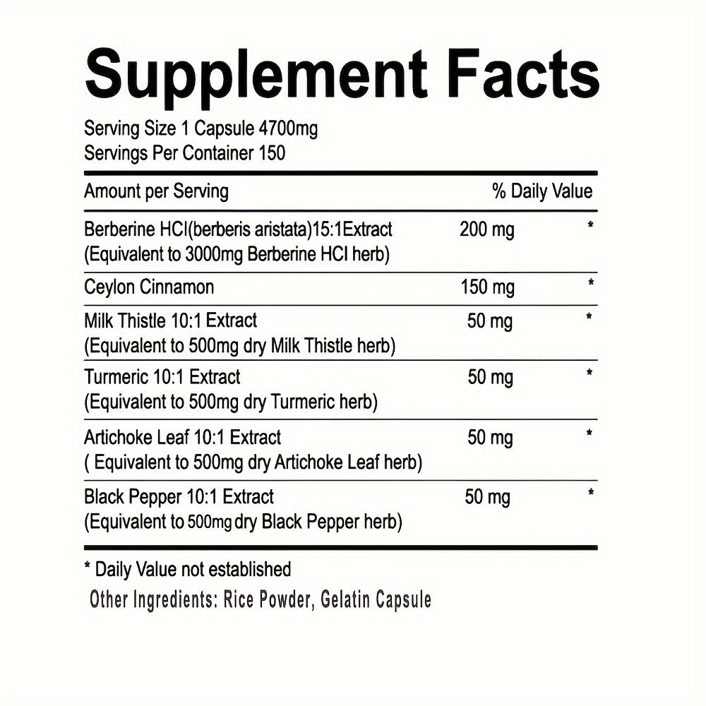 Lite Supply 150 Capsules Berberine HCL 4700mg - Plus Pure True Ceylon Cinnamon, Turmeric - Berberine HCl Supplement Pills