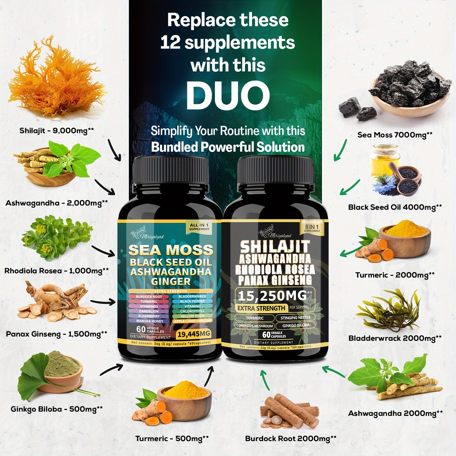 2pcs Wellness Bundles - Sea Moss 7000mg, Black Seed Oil 4000mg, Ashwagandha 2000mg, Ginger & Shilajit 9000mg, Rhodiola Rosea 1000mg, Panax Ginseng 1500mg, All-in-One Supplement Pills