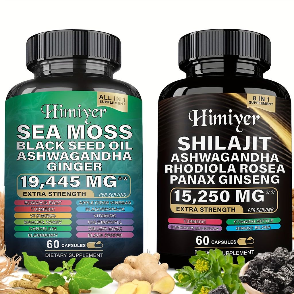 [2PCS - Special August Promo]Sea Moss &SHILAJIT 7000mg, Black Seed Oil 4000mg, Ashwagandha 2000mg, Ginger & Shilajit 9000mg, Rhodiola Rosea 1000mg, Panax Ginseng 1500mg, All-in-One Supplement Pills-Energy Boost, Complete Trac
