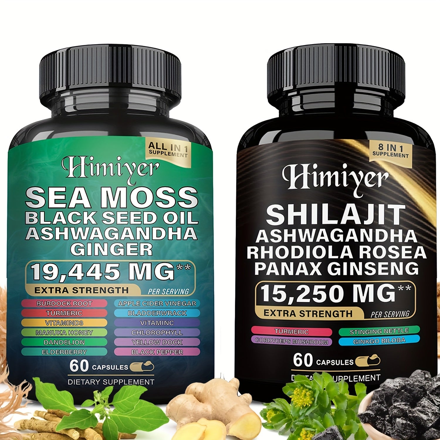 [2PCS - Special August Promo]Sea Moss &SHILAJIT 7000mg, Black Seed Oil 4000mg, Ashwagandha 2000mg, Ginger & Shilajit 9000mg, Rhodiola Rosea 1000mg, Panax Ginseng 1500mg, All-in-One Supplement Pills-Energy Boost, Complete Trac