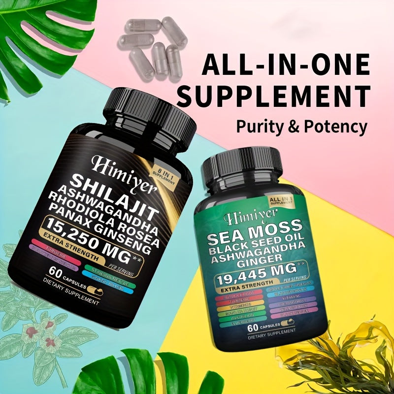 [2PCS - Special August Promo]Sea Moss &SHILAJIT 7000mg, Black Seed Oil 4000mg, Ashwagandha 2000mg, Ginger & Shilajit 9000mg, Rhodiola Rosea 1000mg, Panax Ginseng 1500mg, All-in-One Supplement Pills-Energy Boost, Complete Trac
