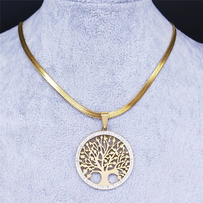Fashion Tree of Life Stainless Steel Crystal Necklaces Pendants Women Gold Color Neckless Jewelry bijoux acier innoxydable femme