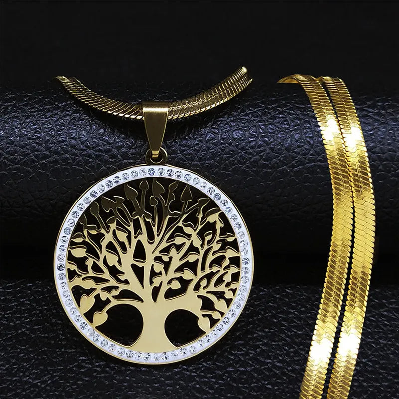 Fashion Tree of Life Stainless Steel Crystal Necklaces Pendants Women Gold Color Neckless Jewelry bijoux acier innoxydable femme
