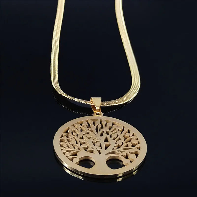 Fashion Tree of Life Stainless Steel Crystal Necklaces Pendants Women Gold Color Neckless Jewelry bijoux acier innoxydable femme