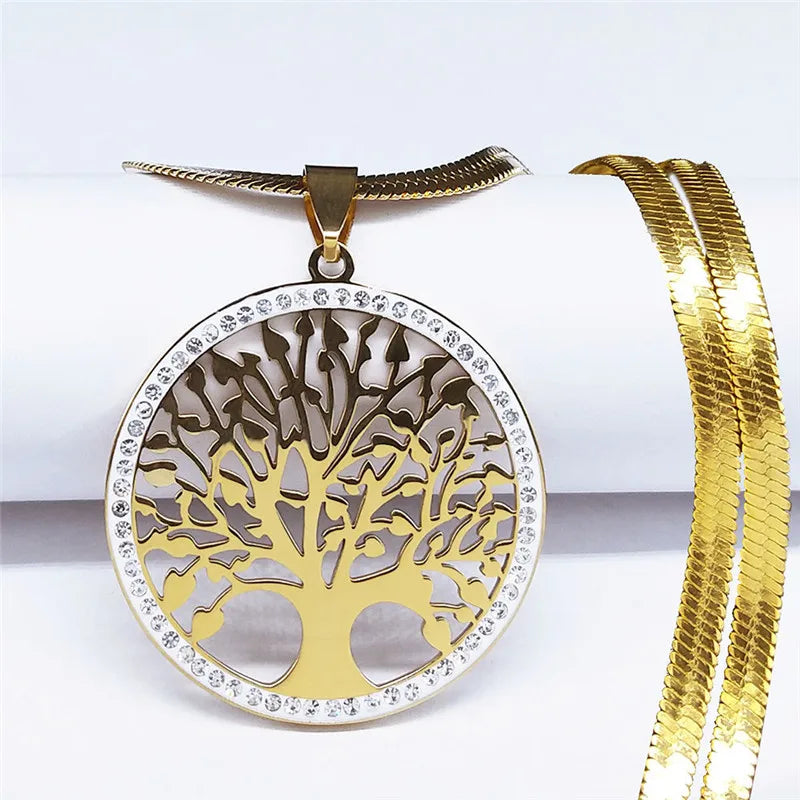 Fashion Tree of Life Stainless Steel Crystal Necklaces Pendants Women Gold Color Neckless Jewelry bijoux acier innoxydable femme