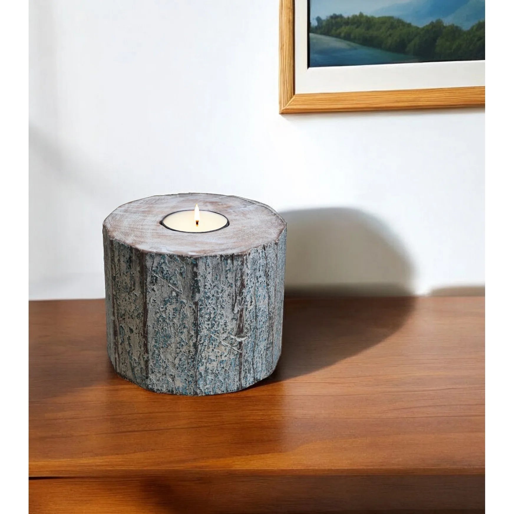 HMS 5\" Solid Wood Tealight Candle Holder in Brown and White Tabletop Lantern with Stylish Design