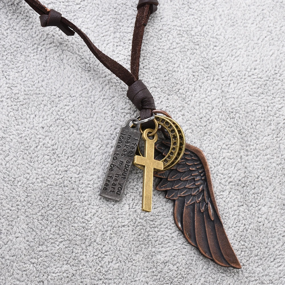 Feather Angel Wings Necklace & Pendants Vintage Brown Leather Neckless for Women Men Jewelry Boys Necklace Statement Necklace