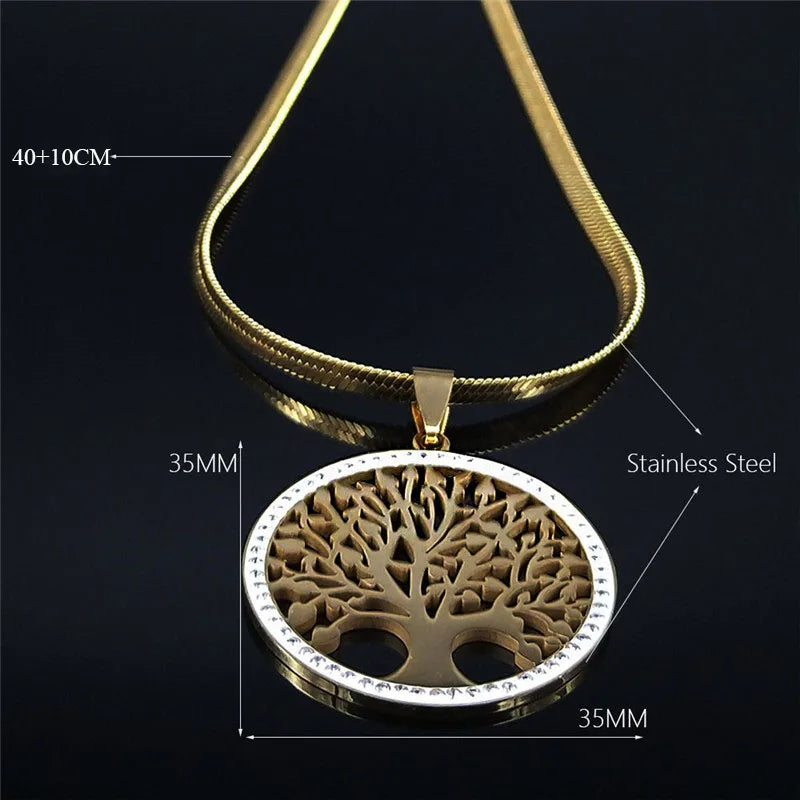 Fashion Tree of Life Stainless Steel Crystal Necklaces Pendants Women Gold Color Neckless Jewelry bijoux acier innoxydable femme