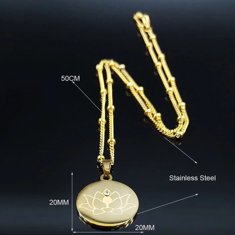 Lotus Flower Crystal Stainless Steel Statement Necklace for Women Bead Gold Color Yoga Neckless Jewelry cadenas mujer N7916S02