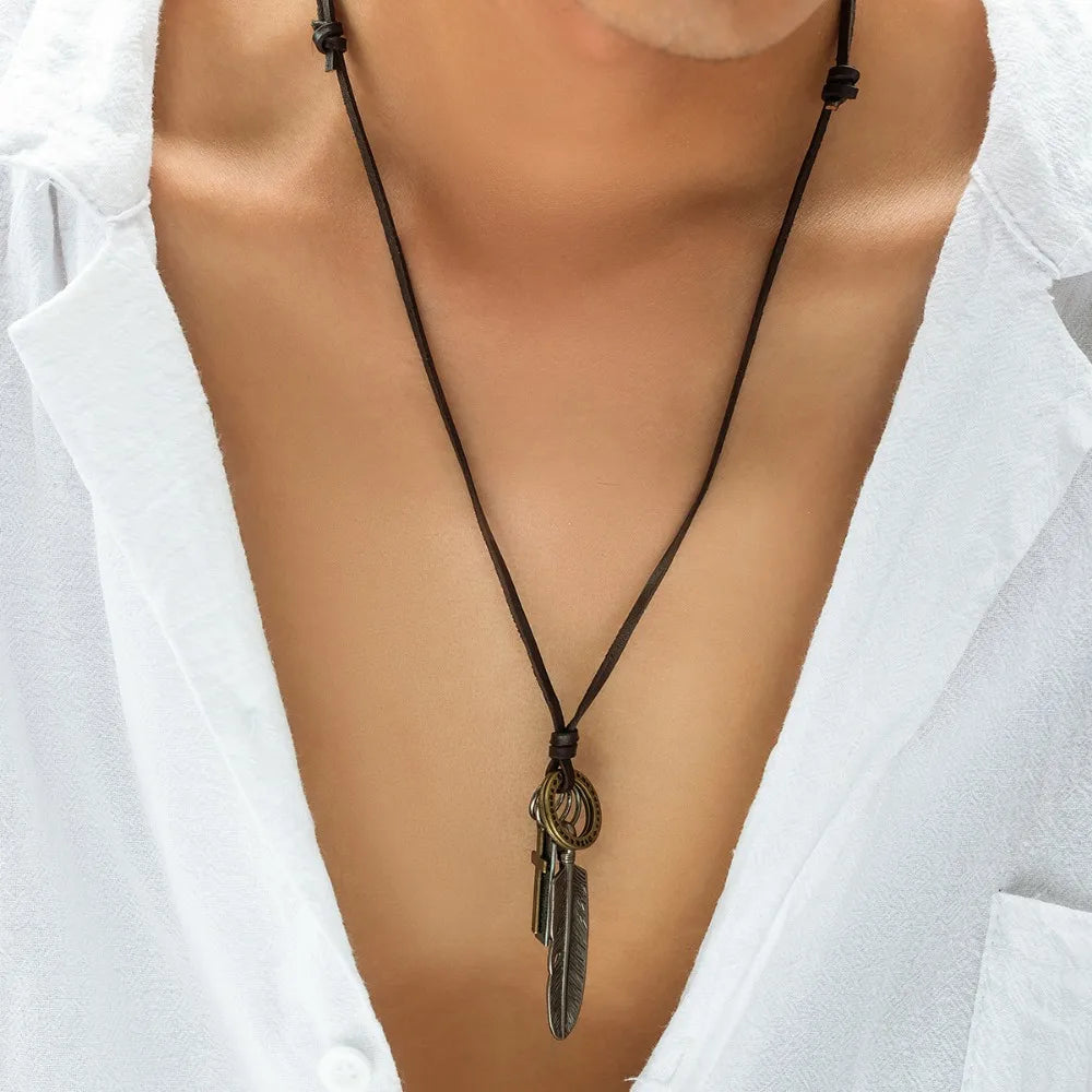 Feather Angel Wings Necklace & Pendants Vintage Y2K Brown Leather Neckless for Wome Men Jewelry Boys Necklace Statement Necklace