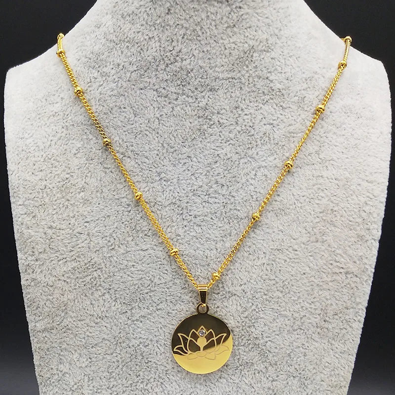 Lotus Flower Crystal Stainless Steel Statement Necklace for Women Bead Gold Color Yoga Neckless Jewelry cadenas mujer N7916S02