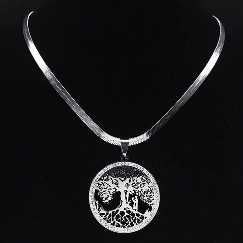 Fashion Tree of Life Stainless Steel Crystal Necklaces Pendants Women Gold Color Neckless Jewelry bijoux acier innoxydable femme