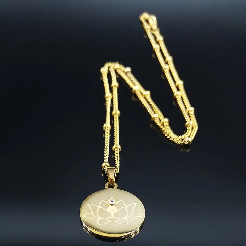 Lotus Flower Crystal Stainless Steel Statement Necklace for Women Bead Gold Color Yoga Neckless Jewelry cadenas mujer N7916S02