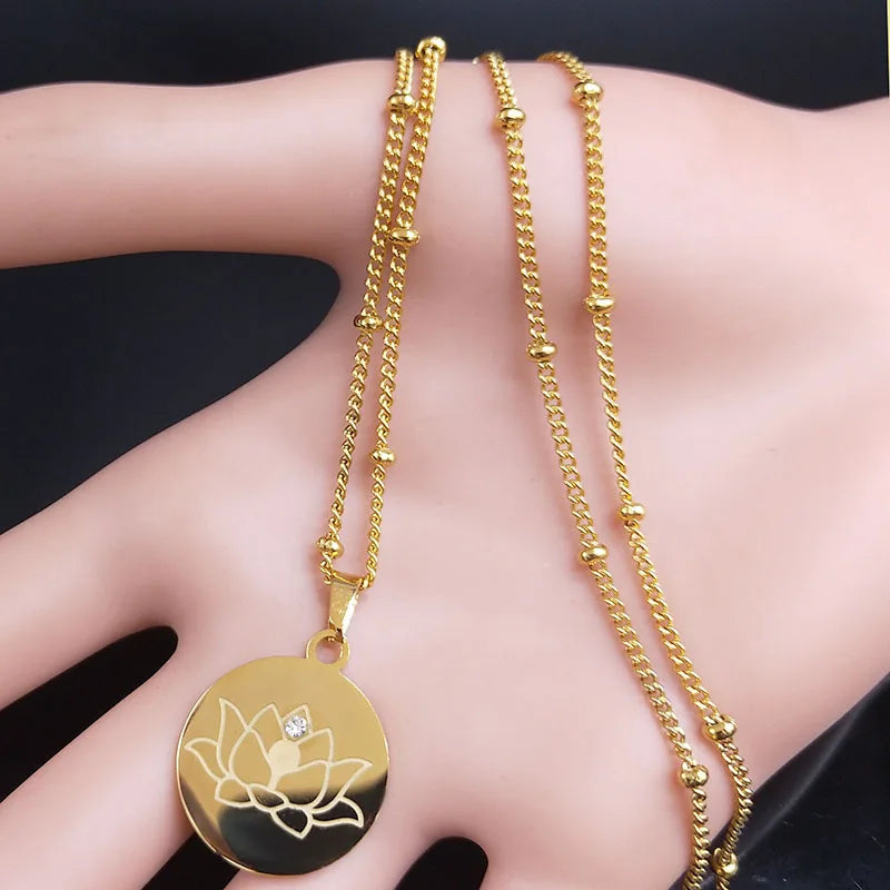 Lotus Flower Crystal Stainless Steel Statement Necklace for Women Bead Gold Color Yoga Neckless Jewelry cadenas mujer N7916S02