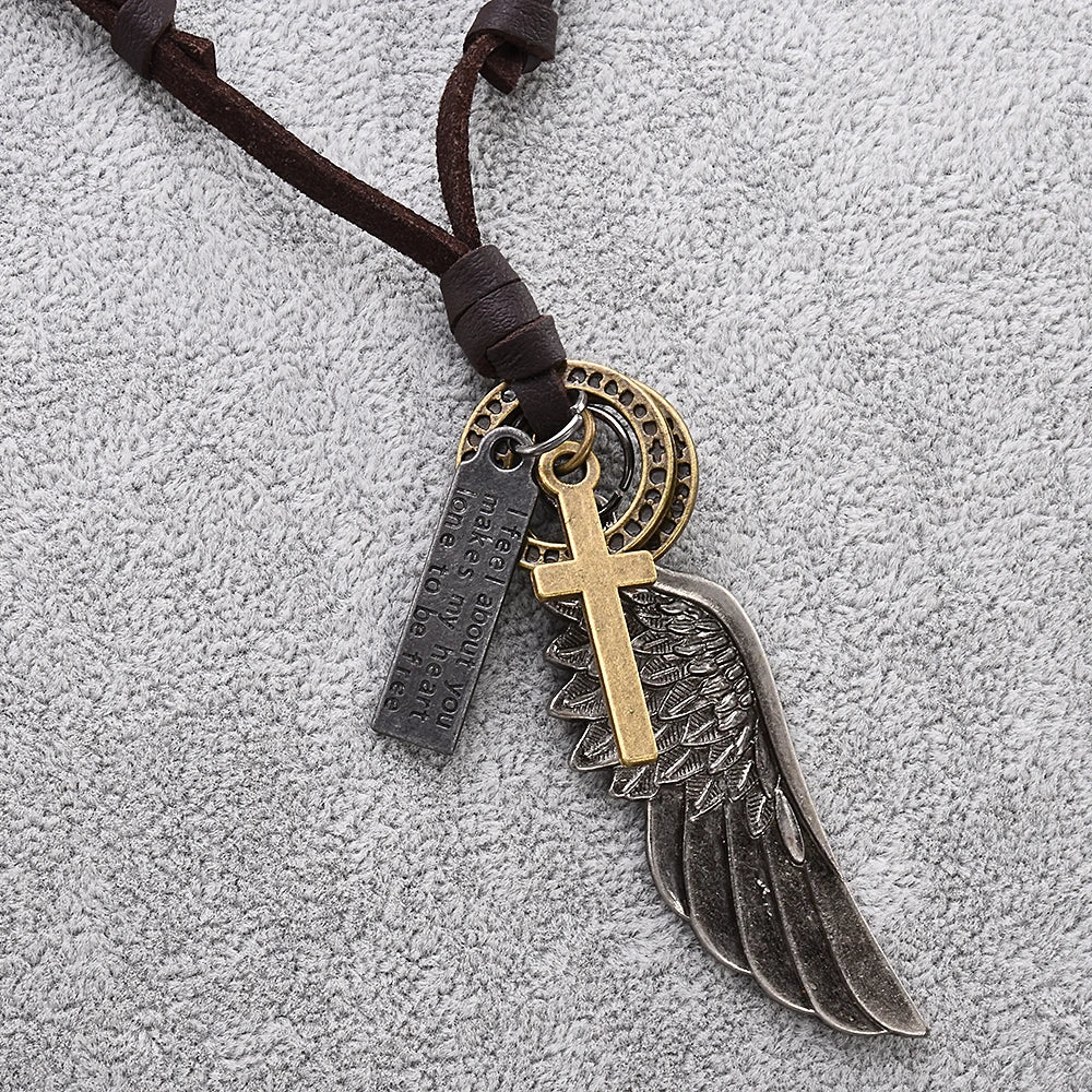 Feather Angel Wings Necklace & Pendants Vintage Brown Leather Neckless for Women Men Jewelry Boys Necklace Statement Necklace