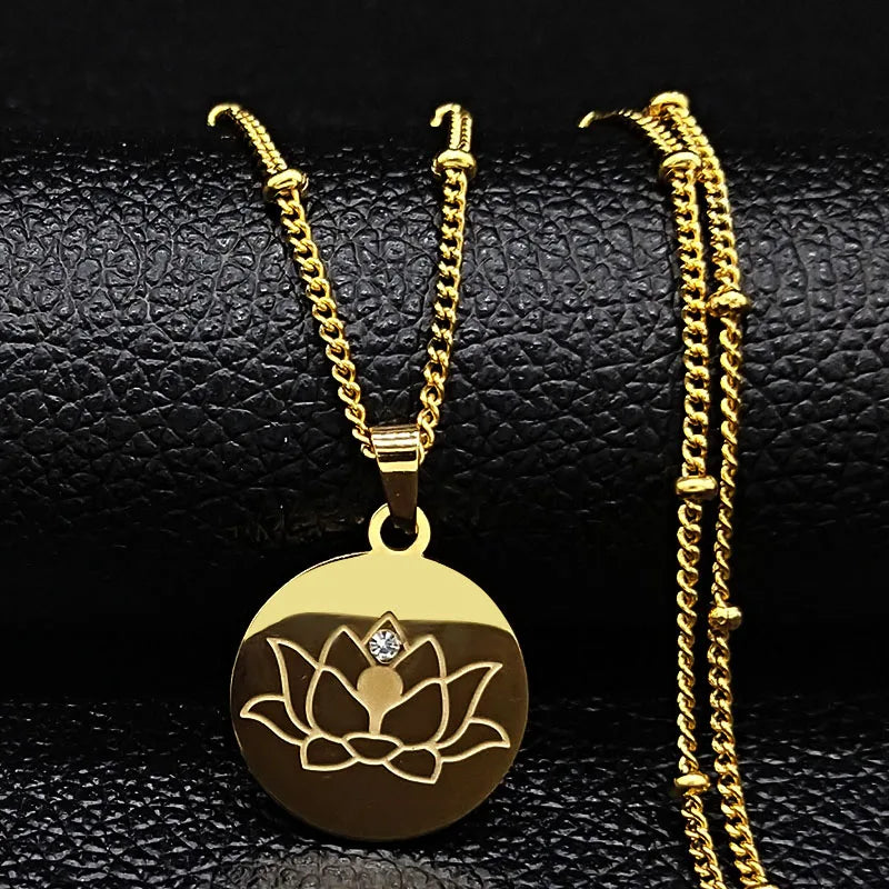 Lotus Flower Crystal Stainless Steel Statement Necklace for Women Bead Gold Color Yoga Neckless Jewelry cadenas mujer N7916S02