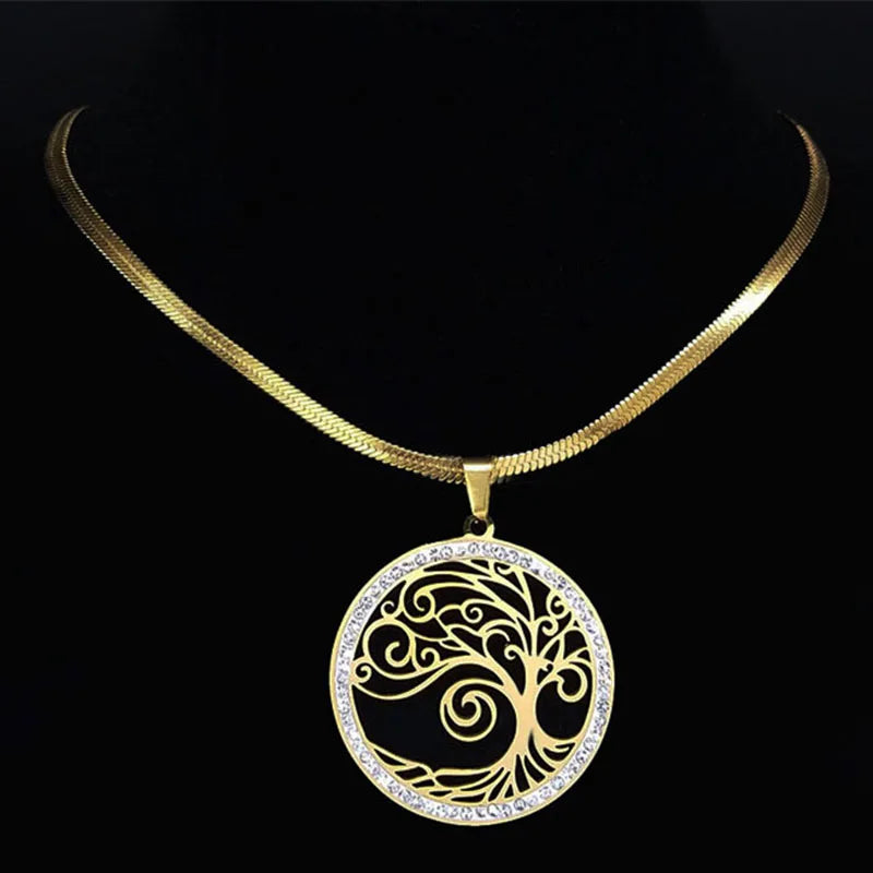 Fashion Tree of Life Stainless Steel Crystal Necklaces Pendants Women Gold Color Neckless Jewelry bijoux acier innoxydable femme