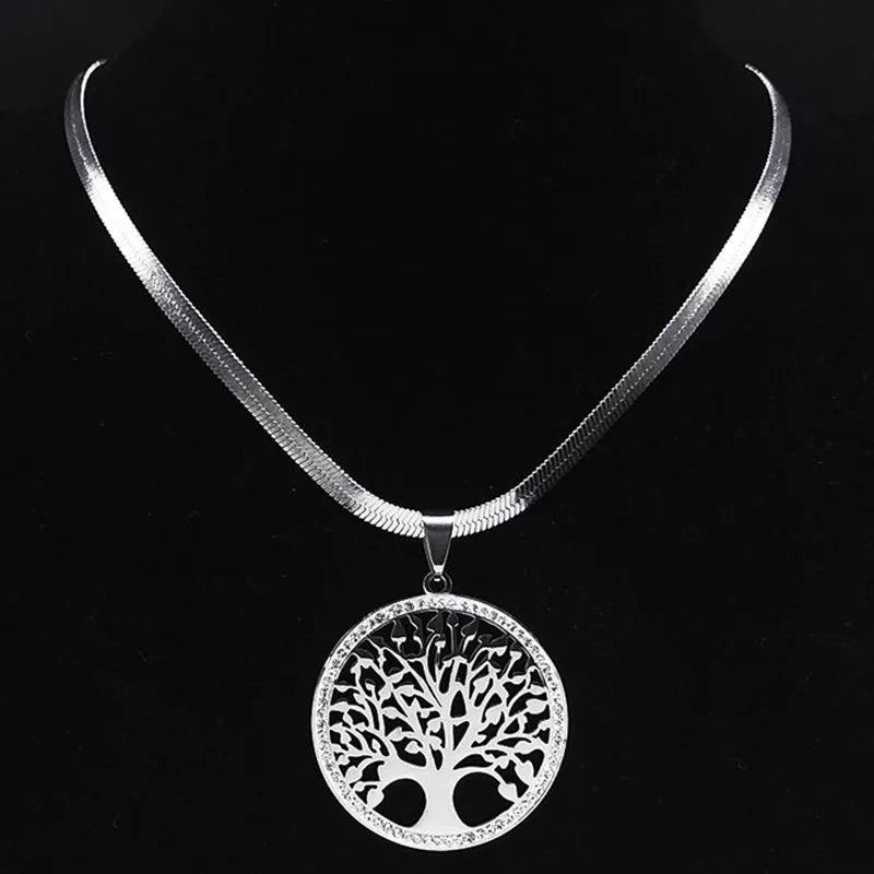 Fashion Tree of Life Stainless Steel Crystal Necklaces Pendants Women Gold Color Neckless Jewelry bijoux acier innoxydable femme