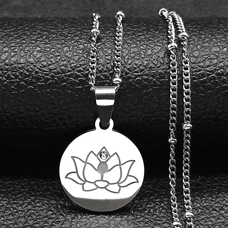 Lotus Flower Crystal Stainless Steel Statement Necklace for Women Bead Gold Color Yoga Neckless Jewelry cadenas mujer N7916S02