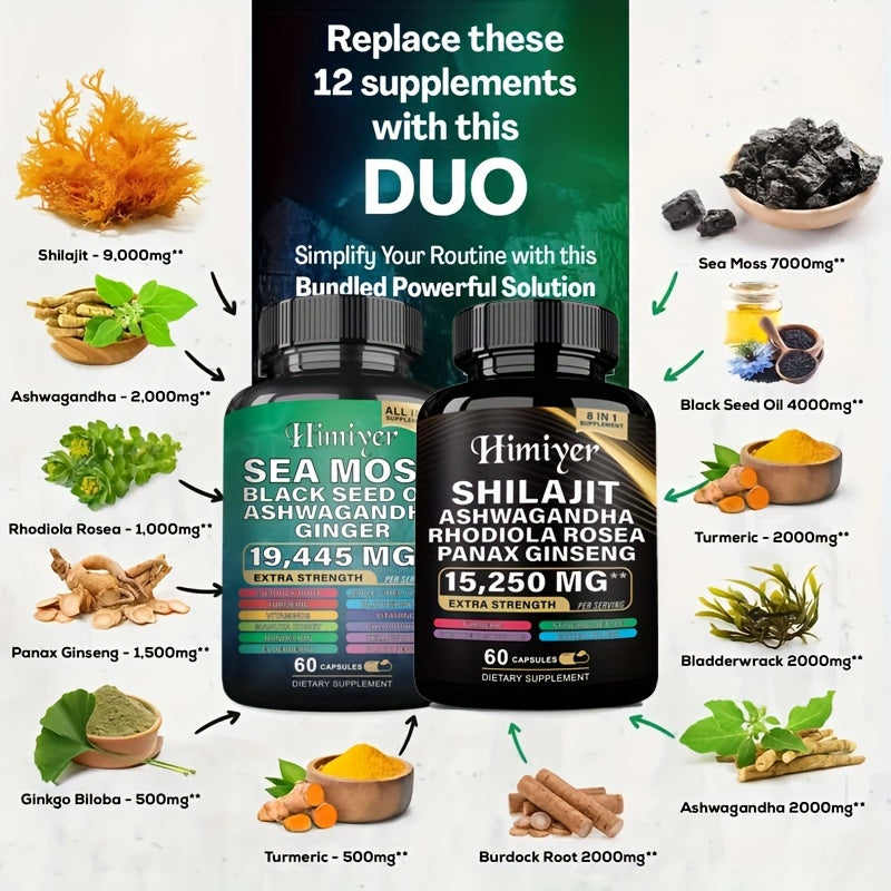 [2PCS - Special August Promo]Sea Moss &SHILAJIT 7000mg, Black Seed Oil 4000mg, Ashwagandha 2000mg, Ginger & Shilajit 9000mg, Rhodiola Rosea 1000mg, Panax Ginseng 1500mg, All-in-One Supplement Pills-Energy Boost, Complete Trac