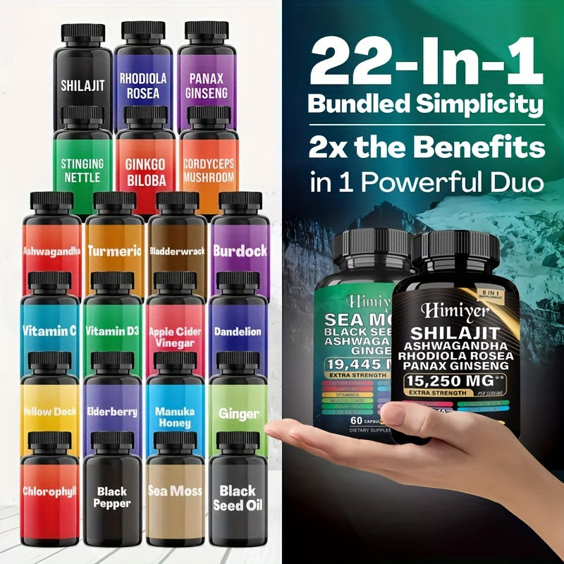 [2PCS - Special August Promo]Sea Moss &SHILAJIT 7000mg, Black Seed Oil 4000mg, Ashwagandha 2000mg, Ginger & Shilajit 9000mg, Rhodiola Rosea 1000mg, Panax Ginseng 1500mg, All-in-One Supplement Pills-Energy Boost, Complete Trac