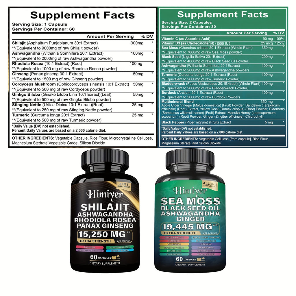 [2PCS - Special August Promo]Sea Moss &SHILAJIT 7000mg, Black Seed Oil 4000mg, Ashwagandha 2000mg, Ginger & Shilajit 9000mg, Rhodiola Rosea 1000mg, Panax Ginseng 1500mg, All-in-One Supplement Pills-Energy Boost, Complete Trac