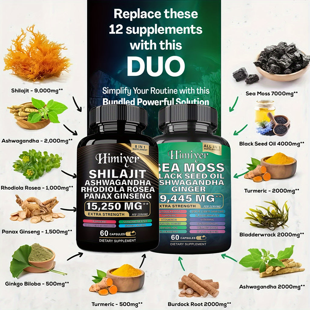 [2PCS - Special August Promo]Sea Moss &SHILAJIT 7000mg, Black Seed Oil 4000mg, Ashwagandha 2000mg, Ginger & Shilajit 9000mg, Rhodiola Rosea 1000mg, Panax Ginseng 1500mg, All-in-One Supplement Pills-Energy Boost, Complete Trac