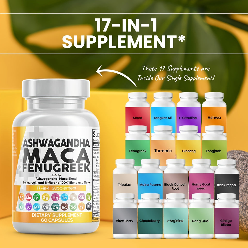 MIDAKOLLA, 1btl, Ashwagandha 5000mg Maca Root 2000mg Fenugreek 3000mg Supplement With Tongkat Ali Ginseng, Ashwagandha Capsules Maca Pills Fenugreek Caps, 60 Count