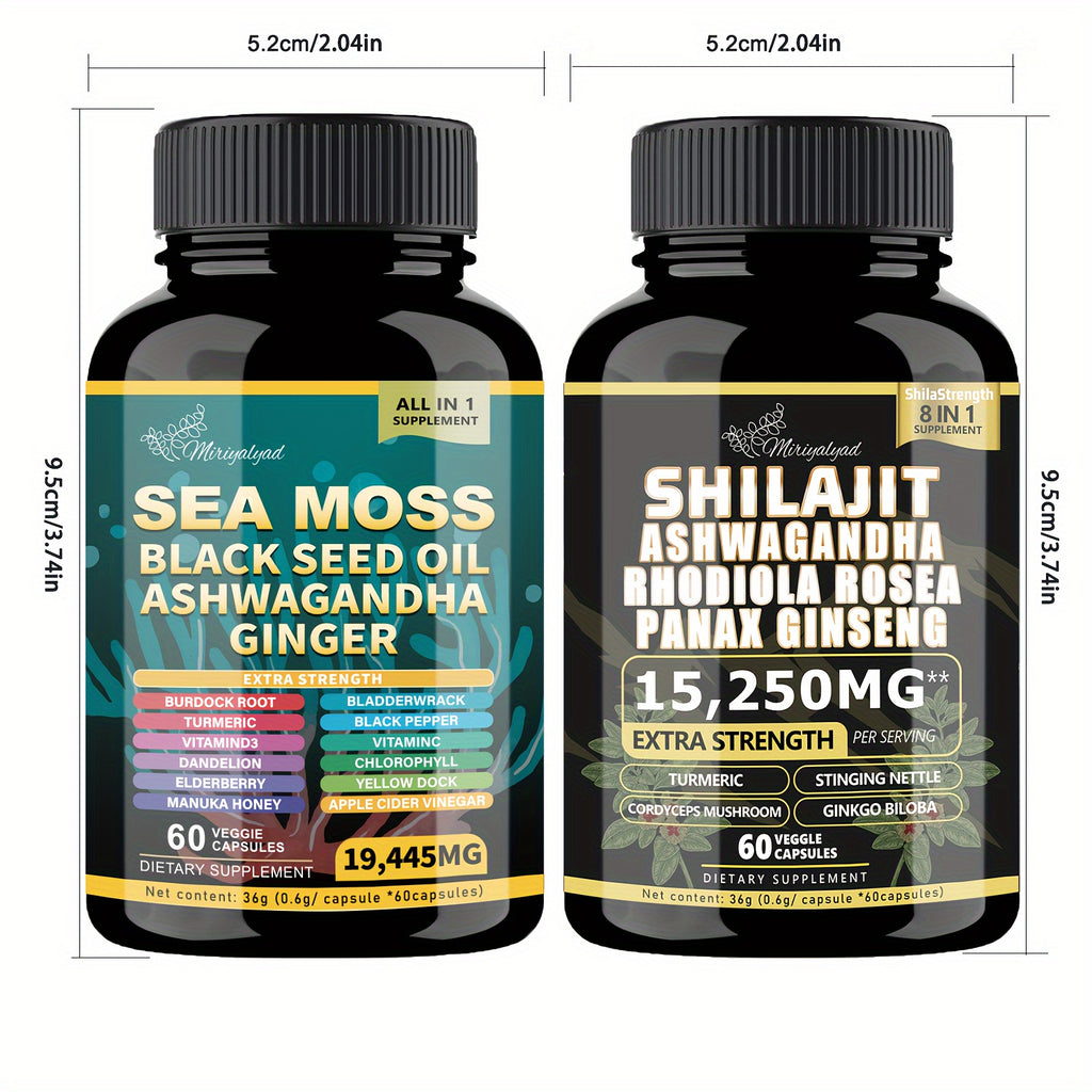 2pcs Wellness Bundles - Sea Moss 7000mg, Black Seed Oil 4000mg, Ashwagandha 2000mg, Ginger & Shilajit 9000mg, Rhodiola Rosea 1000mg, Panax Ginseng 1500mg, All-in-One Supplement Pills