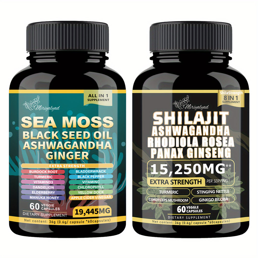 2pcs Wellness Bundles - Sea Moss 7000mg, Black Seed Oil 4000mg, Ashwagandha 2000mg, Ginger & Shilajit 9000mg, Rhodiola Rosea 1000mg, Panax Ginseng 1500mg, All-in-One Supplement Pills